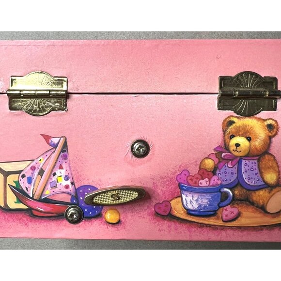 Vintage Pink Teddy Bear Musical Jewelry Box With Mirror & Rotating Bear Figurine - Picture 3 of 5